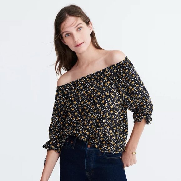 Madewell Falling Leaves 100% Silk Off Shoulder Blouse Women’s Medium Black/Gold - Picture 1 of 8